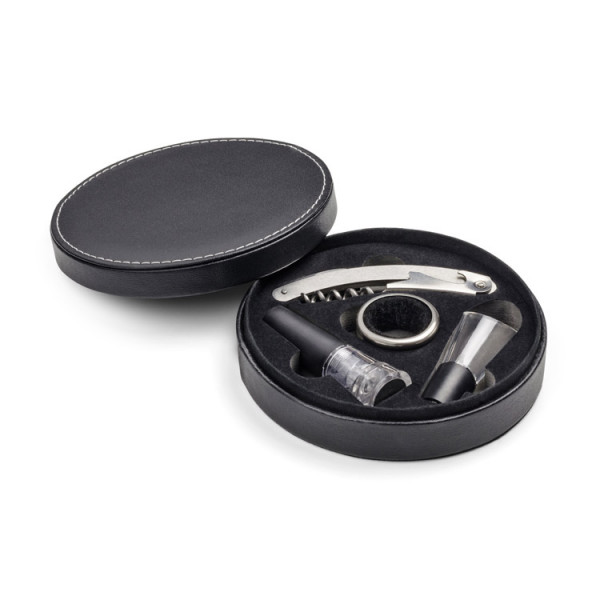 Set de instrumente pentru vin în cutie rotundă din piele Faux Set de instrumente pentru vin în cutie rotundă din piele Faux