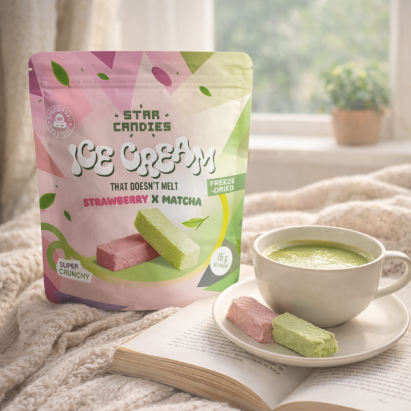 Înghețată STAR CANDIES cu aromă de matcha și căpșuni, liofilizată, 16g