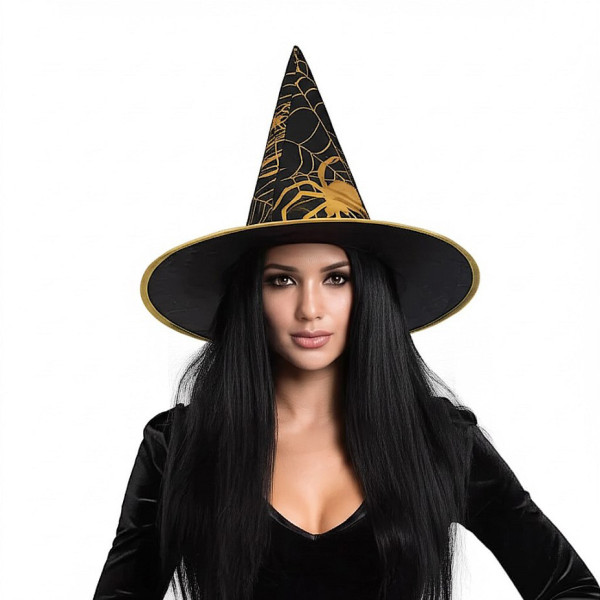 Pălărie de vrăjitoare cu pânză de păianjen aurie