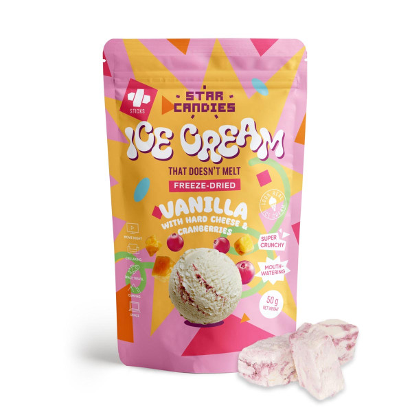 STAR CANDIES Înghețată cu vanilie liofilizată, brânză maturată și afine, 50 g STAR CANDIES Înghețată cu vanilie liofilizată, brânză maturată și afine, 50 g