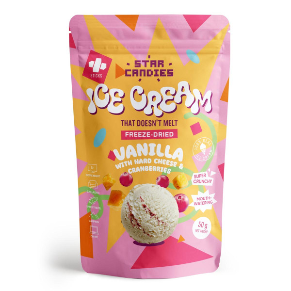 STAR CANDIES Înghețată cu vanilie liofilizată, brânză maturată și afine, 50 g STAR CANDIES Înghețată cu vanilie liofilizată, brânză maturată și afine, 50 g