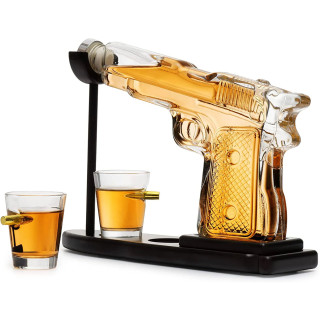 Decantor în formă de pistol și set de 2 pahare de shot