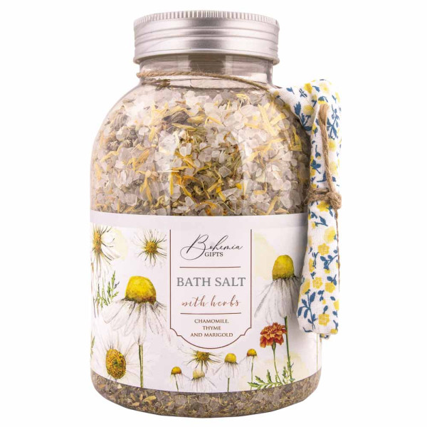 XL Sare de baie relaxantă cu ierburi "Mușețel, gălbenele și cimbru" (1200g) XL Sare de baie relaxantă cu ierburi "Mușețel, gălbenele și cimbru" (1200g)