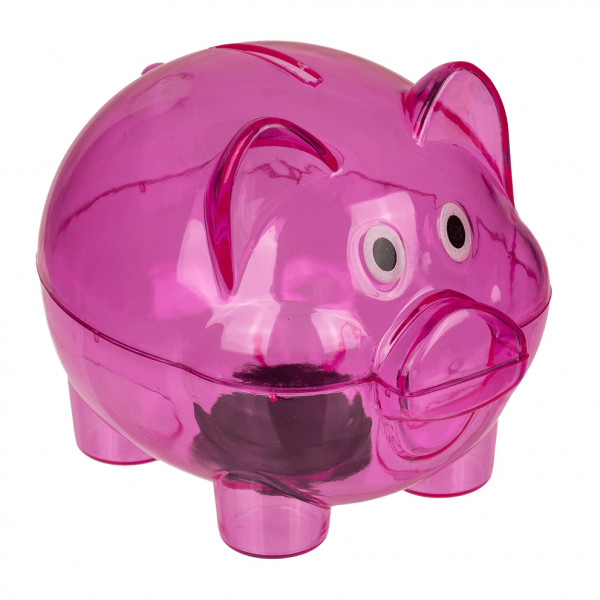 Pușculiță transparentă din plastic cu dop de cauciuc