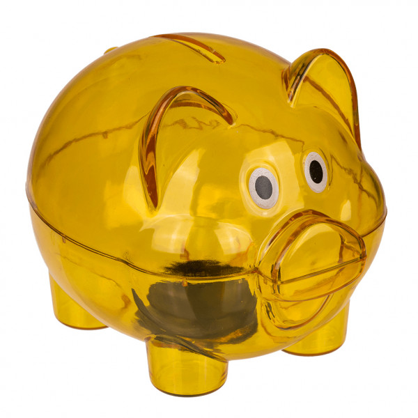 Pușculiță transparentă din plastic cu dop de cauciuc