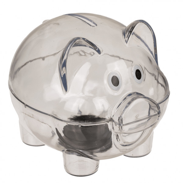 Pușculiță transparentă din plastic cu dop de cauciuc