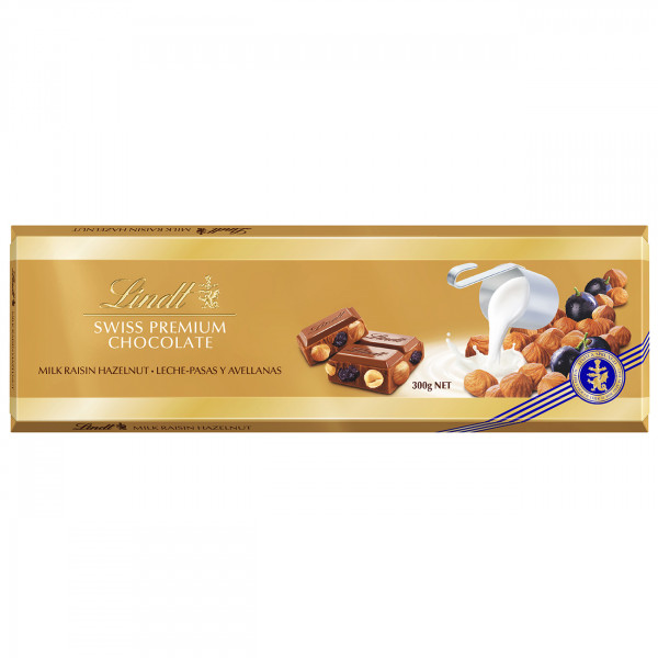 XL „LINDT GOLD” Ciocolată cu lapte cu stafide, alune și migdale, 300g XL „LINDT GOLD” Ciocolată cu lapte cu stafide, alune și migdale, 300g