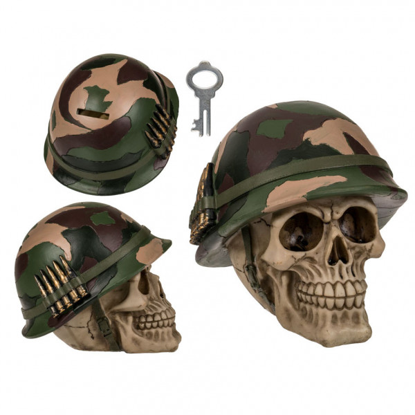 Pușculiță în formă de craniu cu cască militară