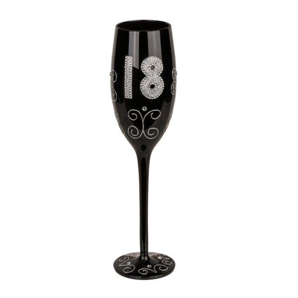 Pahar de șampanie negru cu numărul „18” Pahar de șampanie negru cu numărul „18”