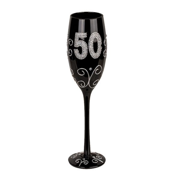 Pahar de șampanie negru cu numărul „50” Pahar de șampanie negru cu numărul „50”