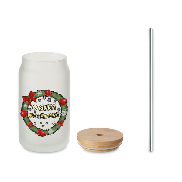 Borcan de sticlă cu pai metalic "O gură de căldură", 400ml