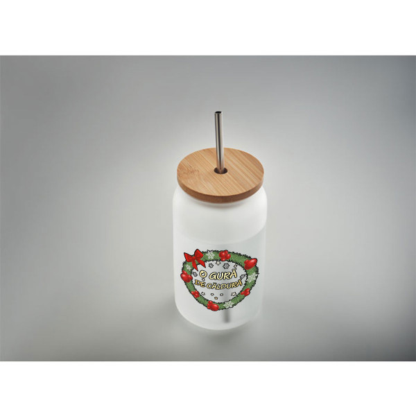 Borcan de sticlă cu pai metalic "O gură de căldură", 400ml