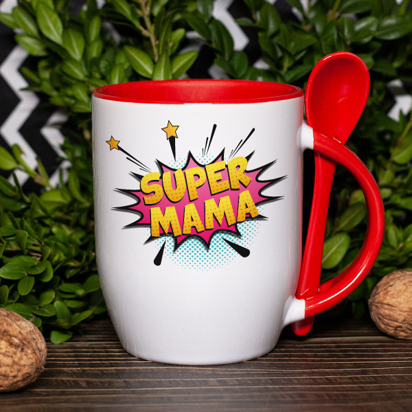 Cană cu lingură "Super mama" Cană cu lingură "Super mama"