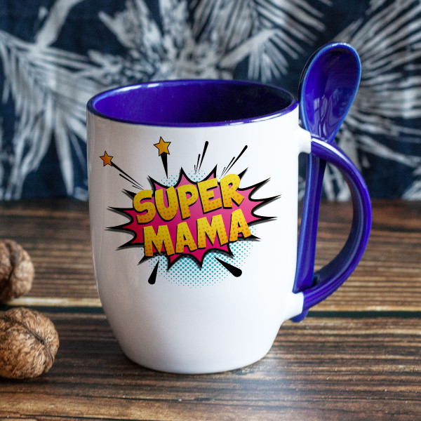 Cană cu lingură "Super mama" Cană cu lingură "Super mama"