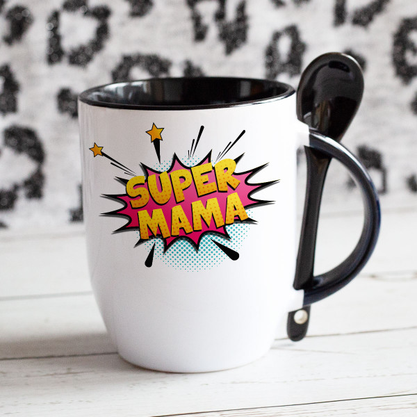 Cană cu lingură "Super mama" Cană cu lingură "Super mama"