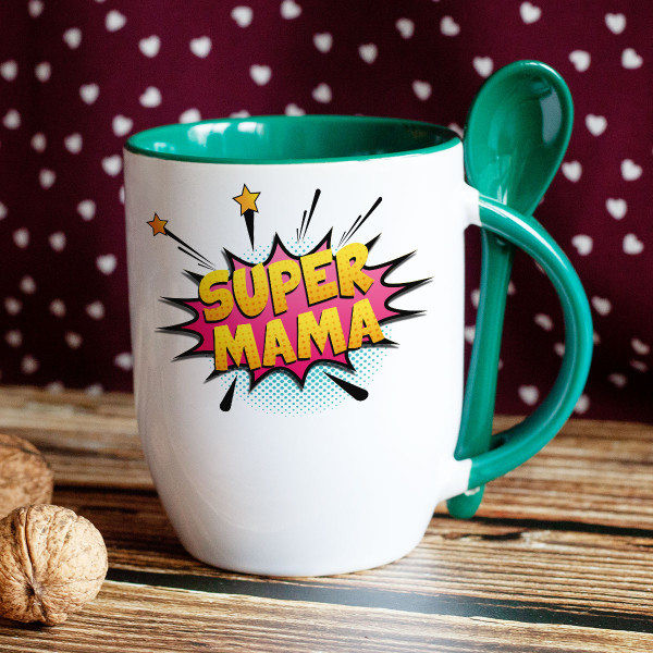 Cană cu lingură "Super mama" Cană cu lingură "Super mama"