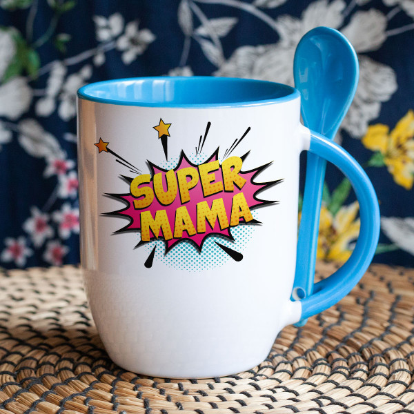 Cană cu lingură "Super mama" Cană cu lingură "Super mama"