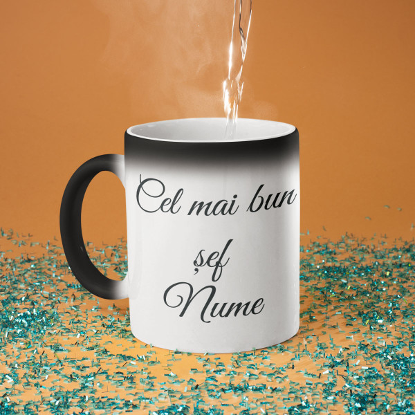 Cană cu logo-ul companiei și numele șefului