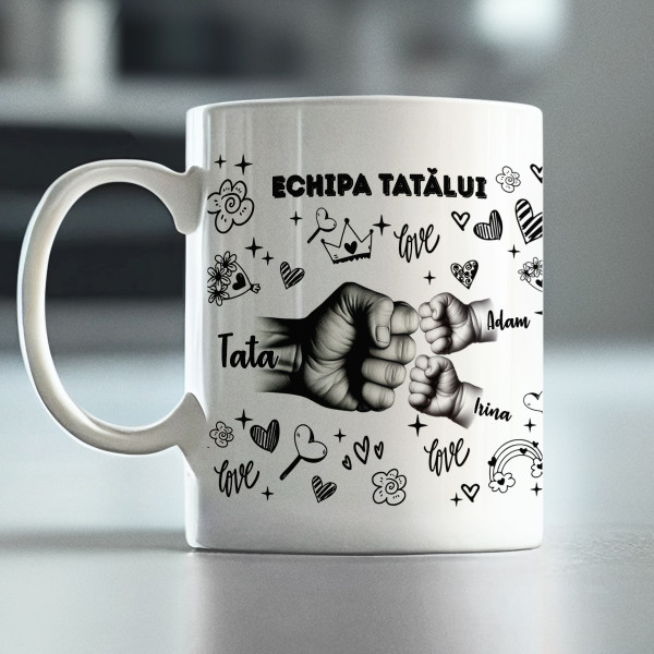 Cană "Echipa tatălui" cu numele copiilor personalizate