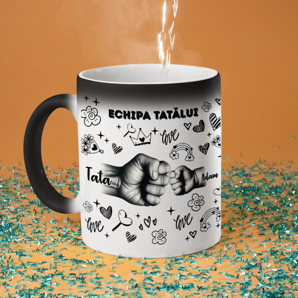 Cană "Echipa tatălui" cu numele copiilor personalizate