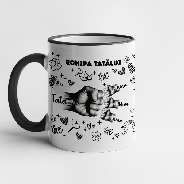 Cană "Echipa tatălui" cu numele copiilor personalizate