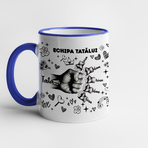 Cană "Echipa tatălui" cu numele copiilor personalizate