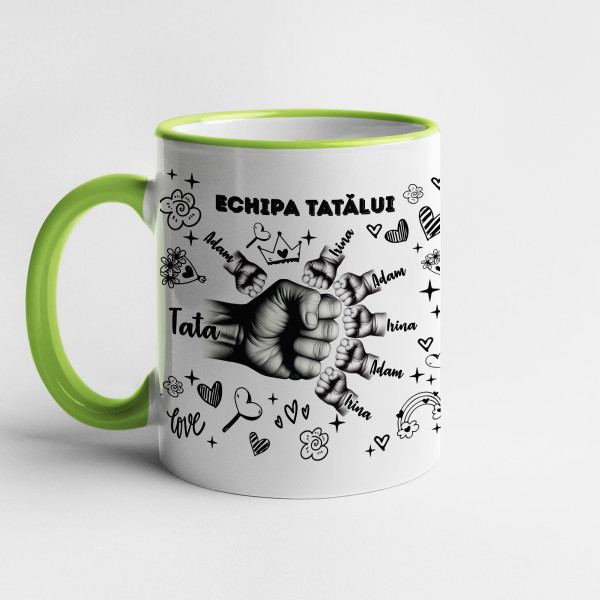 Cană "Echipa tatălui" cu numele copiilor personalizate