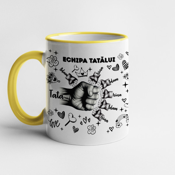 Cană "Echipa tatălui" cu numele copiilor personalizate