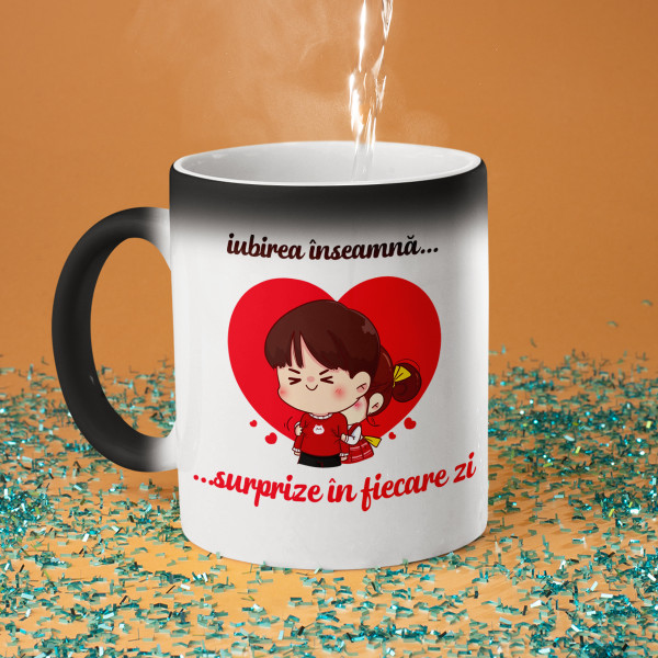 Cană "Iubirea înseamnă surprize în fiecare zi."