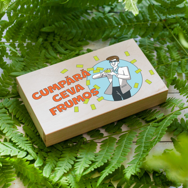 Cutie de bani din lemn "Cumpără ceva" Cutie de bani din lemn "Cumpără ceva"