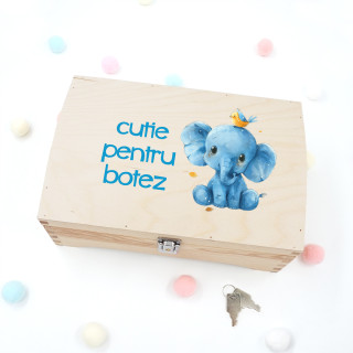 Cutie de lemn pentru suveniruri "Cutie pentru botez cu elefăntel"