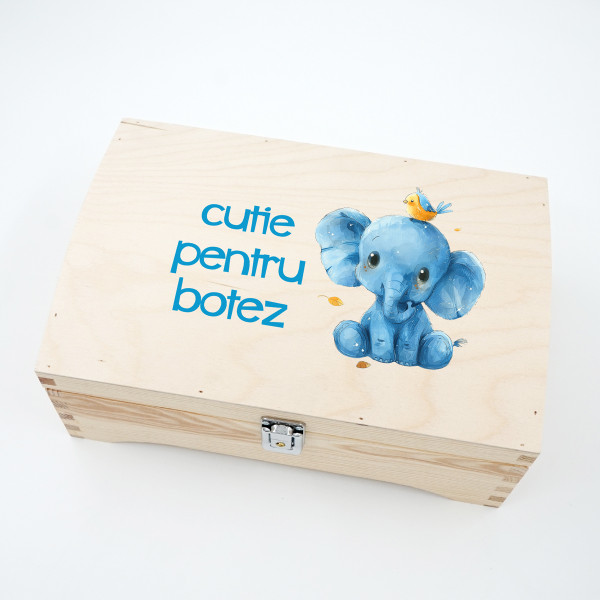 Cutie de lemn pentru suveniruri "Cutie pentru botez cu elefăntel"