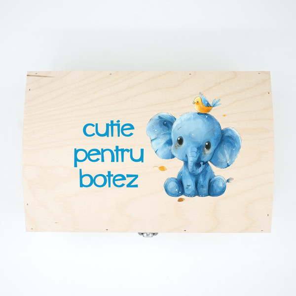 Cutie de lemn pentru suveniruri "Cutie pentru botez cu elefăntel"
