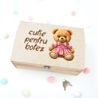Cutie de lemn pentru suveniruri "Cutie pentru botez cu ursuleț"