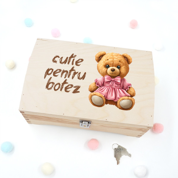 Cutie de lemn pentru suveniruri "Cutie pentru botez cu ursuleț"