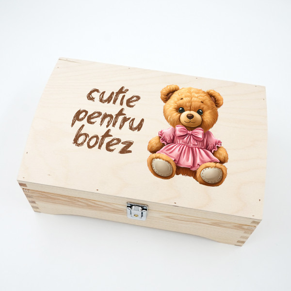 Cutie de lemn pentru suveniruri "Cutie pentru botez cu ursuleț"