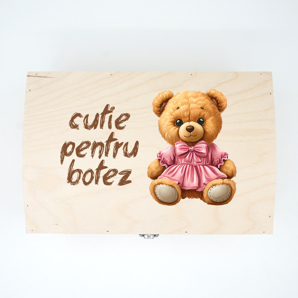 Cutie de lemn pentru suveniruri "Cutie pentru botez cu ursuleț"