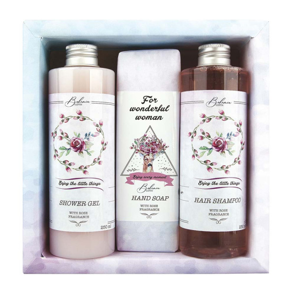Set cadou „Pentru femeia minunată” (Gel de duș 250ml + Săpun 145g + Șampon 250ml) Set cadou „Pentru femeia minunată” (Gel de duș 250ml + Săpun 145g + Șampon 250ml)