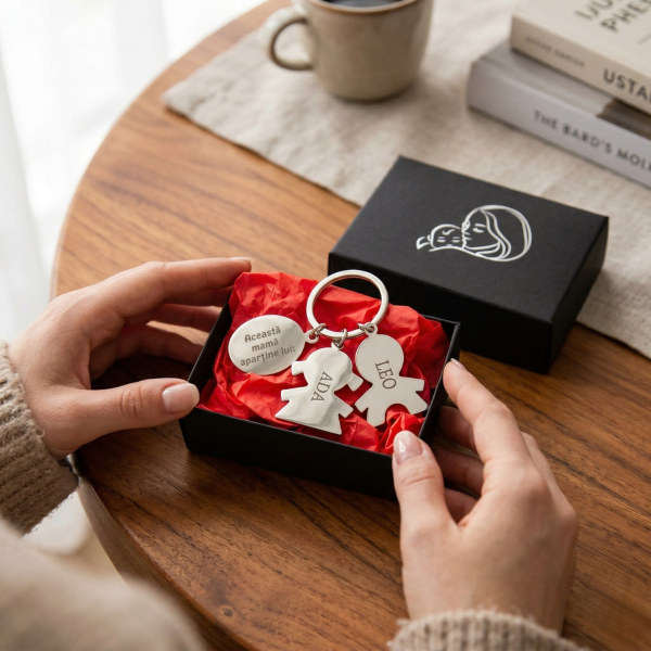 Breloc de metal "Această mamă aparține" cu numele selectate de dvs.