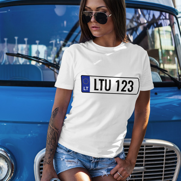 Moteriški marškinėliai "Automobilio numeris" su Jūsų pasirinktu valstybiniu numeriu Moteriški marškinėliai "Automobilio numeris" su Jūsų pasirinktu valstybiniu numeriu