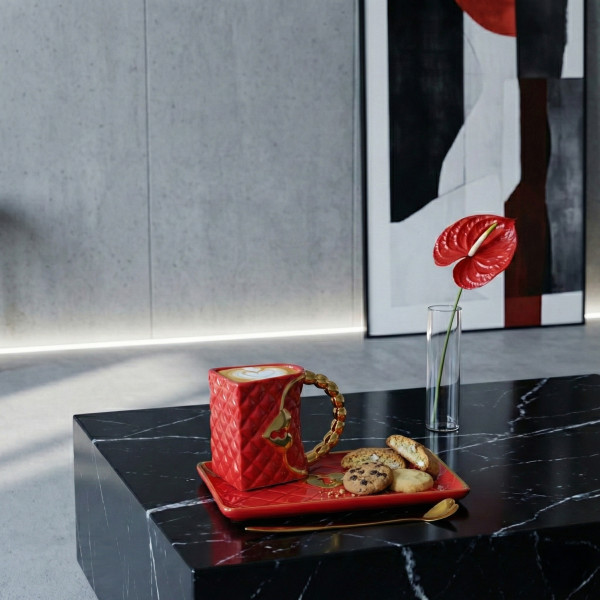 Cană "Poșetă" cu farfurioară și lingură în formă de inimă