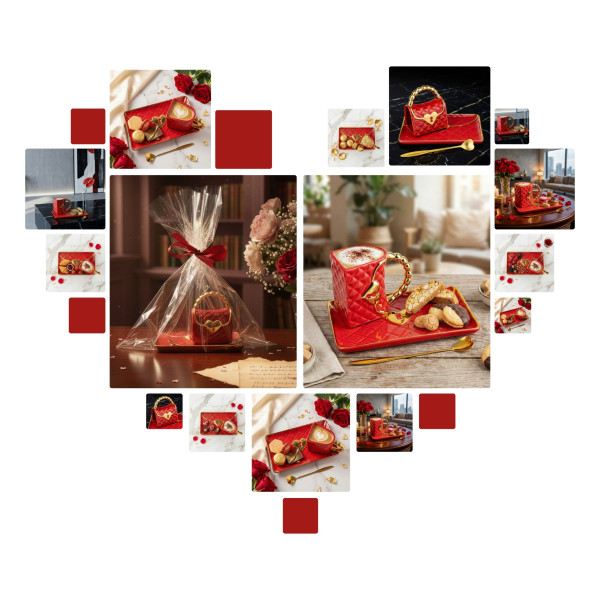 Cană "Poșetă" cu farfurioară și lingură în formă de inimă