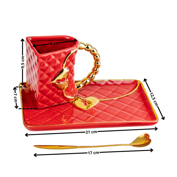 Cană "Poșetă" cu farfurioară și lingură în formă de inimă