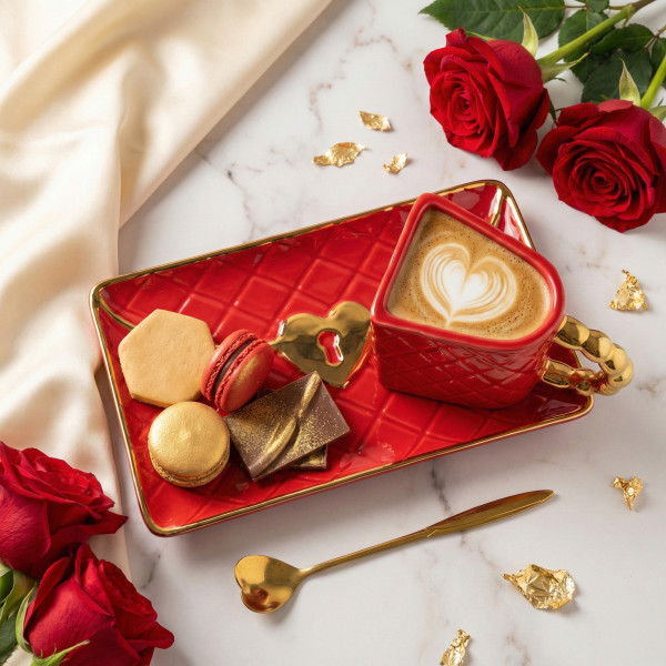 Cană "Poșetă" cu farfurioară și lingură în formă de inimă