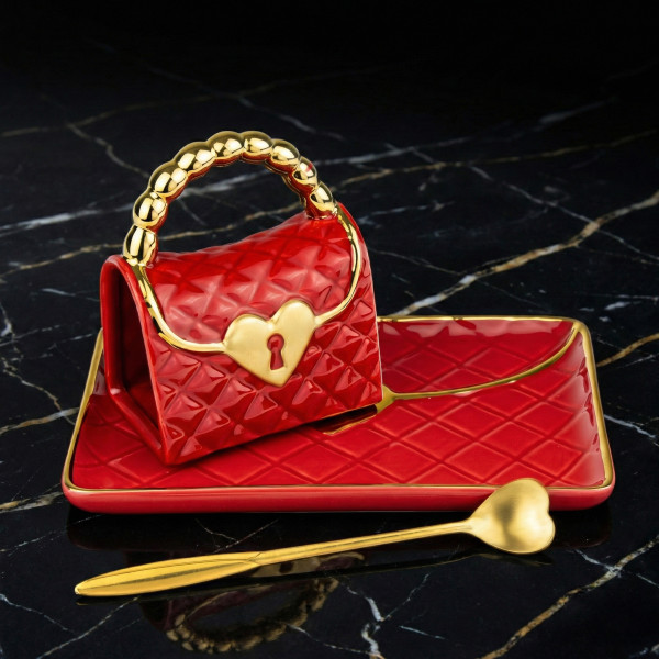 Cană "Poșetă" cu farfurioară și lingură în formă de inimă