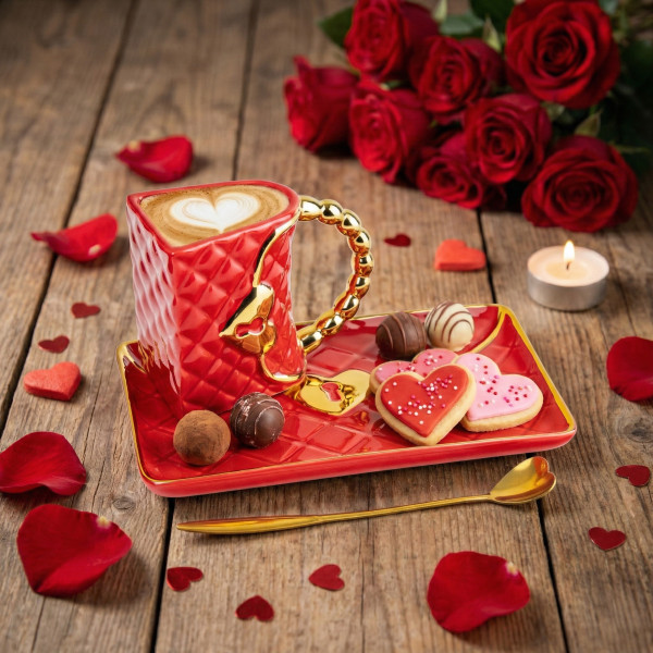 Cană "Poșetă" cu farfurioară și lingură în formă de inimă