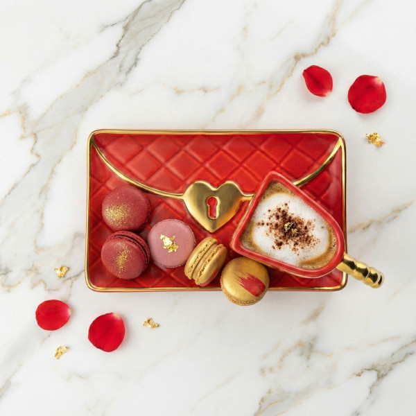 Cană "Poșetă" cu farfurioară și lingură în formă de inimă