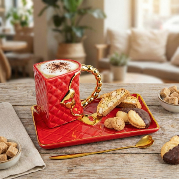 Cană "Poșetă" cu farfurioară și lingură în formă de inimă