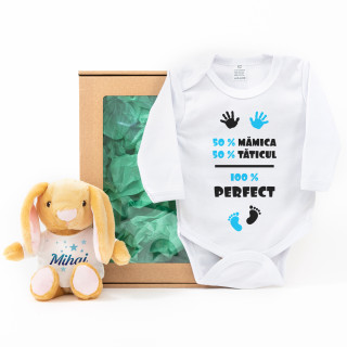 Set cadou pentru bebeluși „Băiatul perfect 100%” Set cadou pentru bebeluși „Băiatul perfect 100%”