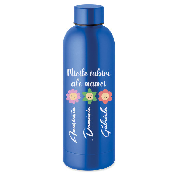 Sticlă termică din metal "Micile iubiri ale mamei" cu numele alese de tine (500ml)